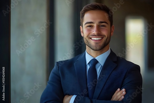 Smiling Businessman in Blue Suit with Arms Crossed