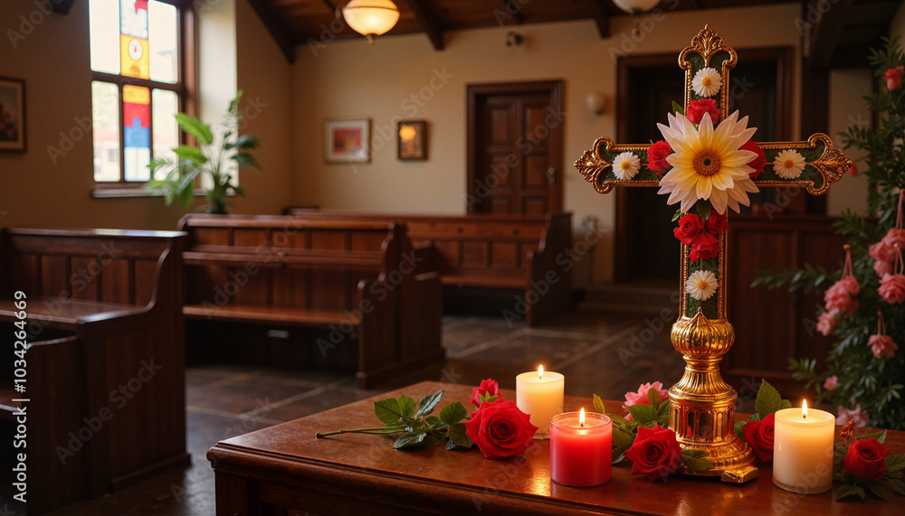 Decorative cross with flowers and candles, warm interior, peaceful chapel setting Decorative cross with flowers and candles, warm interior, peaceful chapel setting