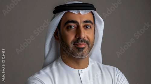 A professional photo of an Emirati man in a white Kandra, looking at the camera. photo