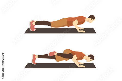 Man doing knee to elbow push up exercise in 2 steps. illustration about abdominal workout diagram.