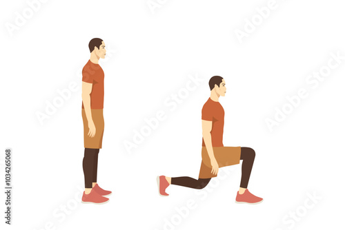 Strong men doing exercise with Lunge in 3 steps. Workout diagram for firming buttocks and legs.