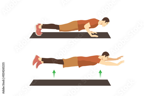 Man doing exercise with Super man push up position. he start push up on the floor and fly in the air. Illustration about Workout diagram. 