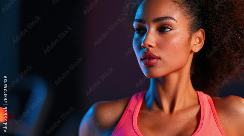 Woman running on a treadmill with a determined look, fitness tracking interface, gym background, goal-oriented Woman running on a treadmill with a determined look, fitness tracking interface, gym background, goal-oriented