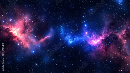 A stunning view of a nebula with pink and blue hues and countless stars in a dark night sky.