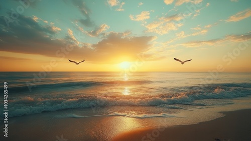 Peaceful sunset over the ocean with birds flying across a colorful sky, casting reflections on the gentle waves at the serene beach.
