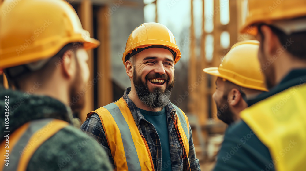 Smiling construction workers taking a break at the construction site, enjoying a moment of rest amidst their hard work, sitting together in a relaxed atmosphere. Smiling construction workers taking a break at the construction site, enjoying a moment of rest amidst their hard work, sitting together in a relaxed atmosphere.