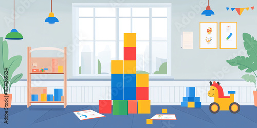 Building blocks tower on playroom floor with instruction booklet nearby, illustration art photo