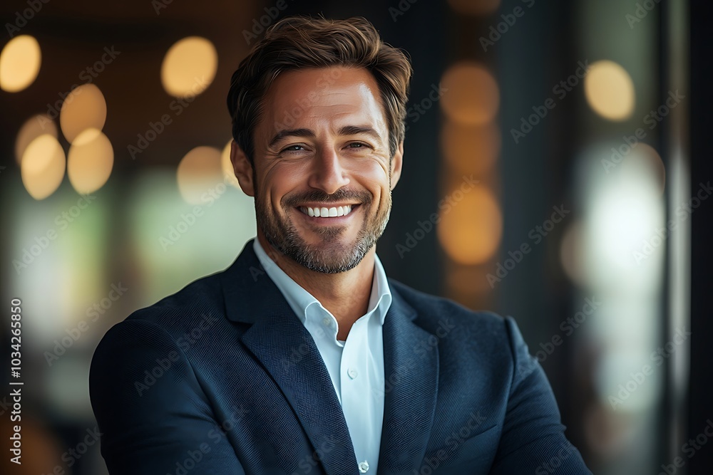 Smiling Businessman in Blue Suit with White Shirt, Confident and Relaxed Smiling Businessman in Blue Suit with White Shirt, Confident and Relaxed