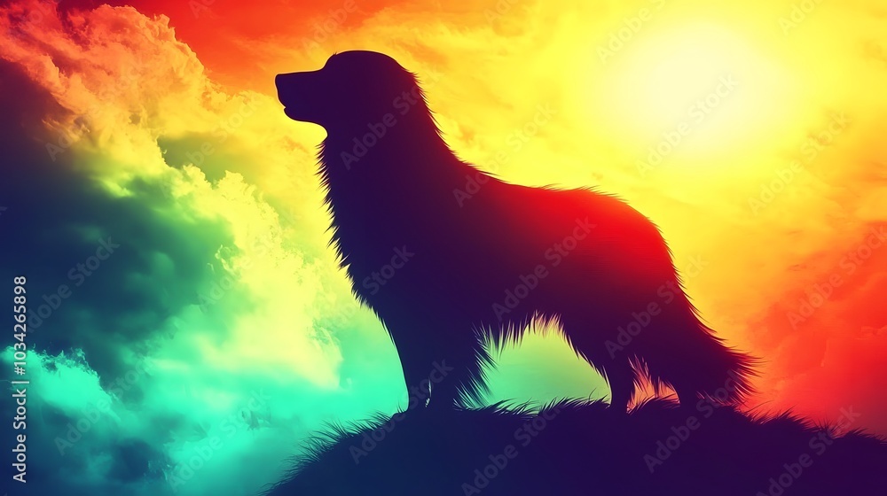 Sunset Silhouette: The dog standing on a hill, its silhouette outlined by a vibrant sunset. The sky transitions from warm oranges to cool blues. Sunset Silhouette: The dog standing on a hill, its silhouette outlined by a vibrant sunset. The sky transitions from warm oranges to cool blues.
