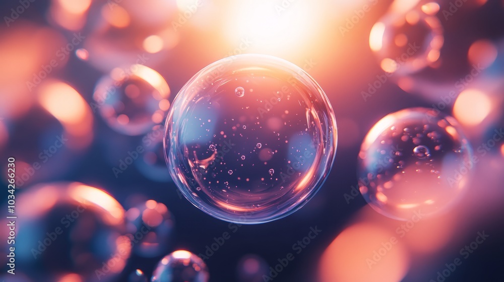 Abstract glowing spheres with light in a blue and orange gradient background.