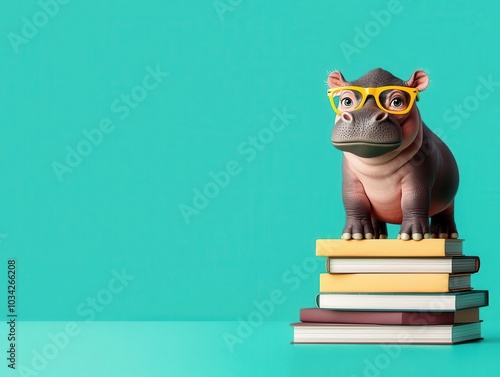 A snarky baby hippo standing on a pile of books, oversized glasses, vibrant 3D illustration, classroom background