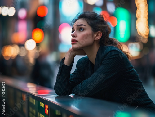 Young Woman Monitoring Stock Prices on the Trading Floor of a Stock Exchange. Business and Finance Concept. Image Generated by AI.