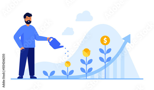 Investor or businessman watering money trees. Venture fund, startup business growth, passive income, return on investment, dividends concept. Flat vector illustration isolated on a white background