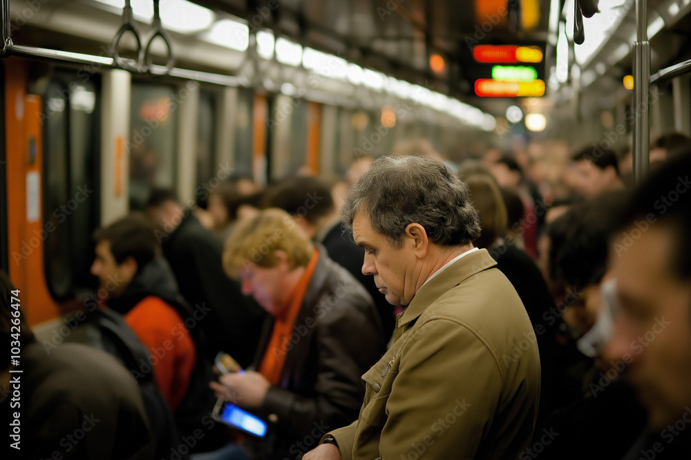 A Crowded Subway Train Where Passengers Are All Absorbed In Their Devices, Creating A Disconnect From The Shared Space And Illustrating The Isolation Despite Being Surrounded By People. A Crowded Subway Train Where Passengers Are All Absorbed In Their Devices, Creating A Disconnect From The Shared Space And Illustrating The Isolation Despite Being Surrounded By People.