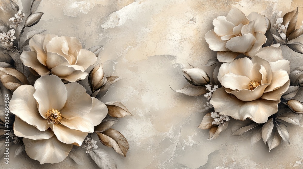 Beige roses with green leaves on a marble background. Beige roses with green leaves on a marble background.