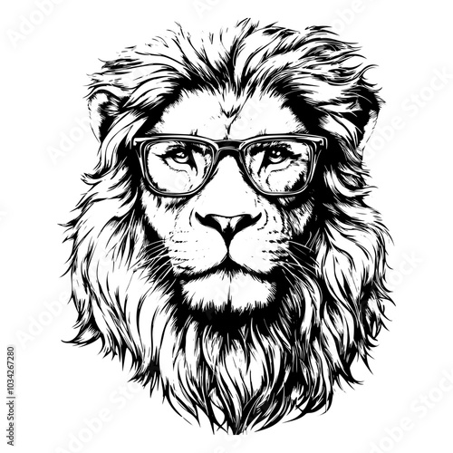 Lion in glasses. Vector animal portrait. Cool cat head. Hipster face tattoo drawing isolated on white background. King leo design