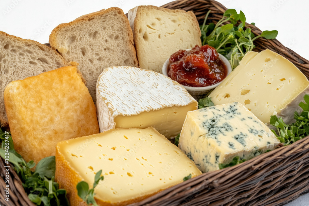 An Overhead View Of A Platter Showcasing Various Welsh Cheeses, Such As Caerphilly And Y Fenni, Accompanied By Fig Chutney And Fresh Bread An Overhead View Of A Platter Showcasing Various Welsh Cheeses, Such As Caerphilly And Y Fenni, Accompanied By Fig Chutney And Fresh Bread