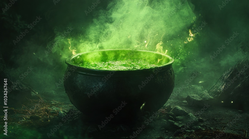 Mysterious Green Mist Emanating from Enchanted Cauldron in Dark Forest Atmosphere Mysterious Green Mist Emanating from Enchanted Cauldron in Dark Forest Atmosphere