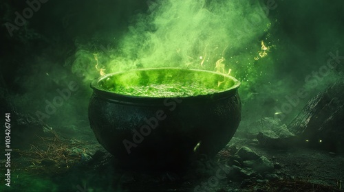 Mysterious Green Mist Emanating from Enchanted Cauldron in Dark Forest Atmosphere