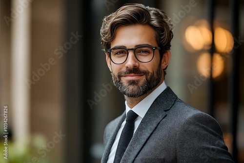 Smiling Businessman in Glasses, Outdoors Urban Background