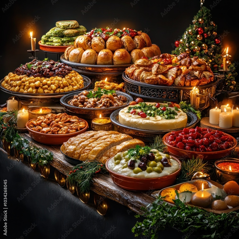 Tech-Enhanced Feast: A Bountiful and Varied Spread on a Grand Dining Table Tech-Enhanced Feast: A Bountiful and Varied Spread on a Grand Dining Table