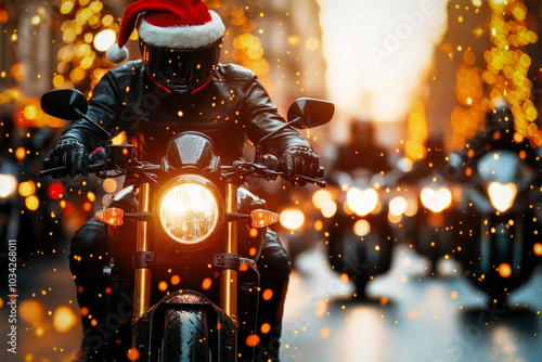 Biker Gathering At A Winter Festival, With Motorcycles Lined Up And Bikers Celebrating Together, Wearing Santa Hats And Exchanging Gifts Amidst Festive Decorations