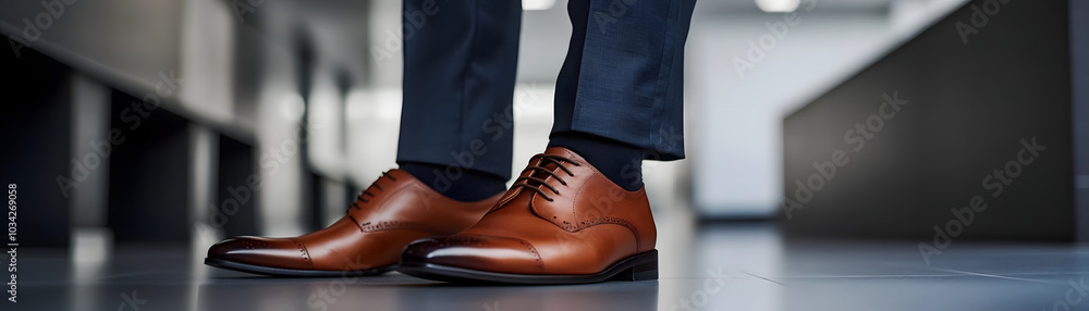 Brown Leather Formal Shoes with Blue Suit Pants Business Style Brown Leather Formal Shoes with Blue Suit Pants Business Style