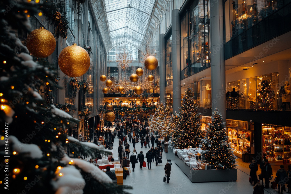 Obraz premium Christmas-Themed Boxing Day Sale, With Shoppers Happily Carrying Bags And Gifts In A Festive Marketplace Decorated With Lights And Ornaments