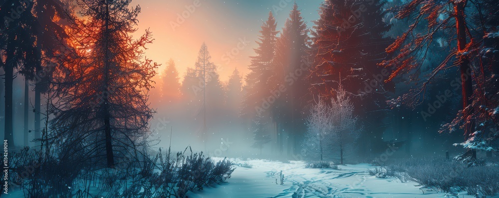 Mystical winter wonderland with dense pine trees and snow-covered ground enveloped in thick fog, creating an ethereal atmosphere. Free copy space for text. Mystical winter wonderland with dense pine trees and snow-covered ground enveloped in thick fog, creating an ethereal atmosphere. Free copy space for text.