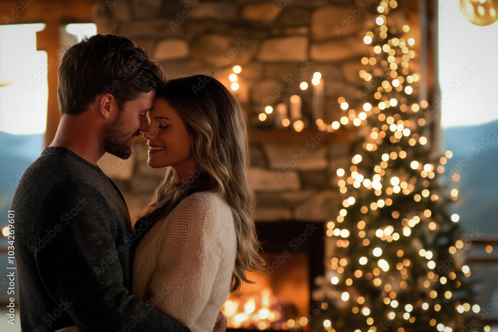 Couple Snuggling By A Crackling Fireplace, Surrounded By Twinkling Lights And A Beautifully Decorated Christmas Tree, Radiating Warmth And Intimacy. Couple Snuggling By A Crackling Fireplace, Surrounded By Twinkling Lights And A Beautifully Decorated Christmas Tree, Radiating Warmth And Intimacy.