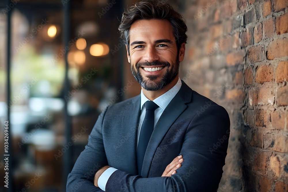 Smiling Businessman in Suit Leaning Against Wall, Arms Crossed