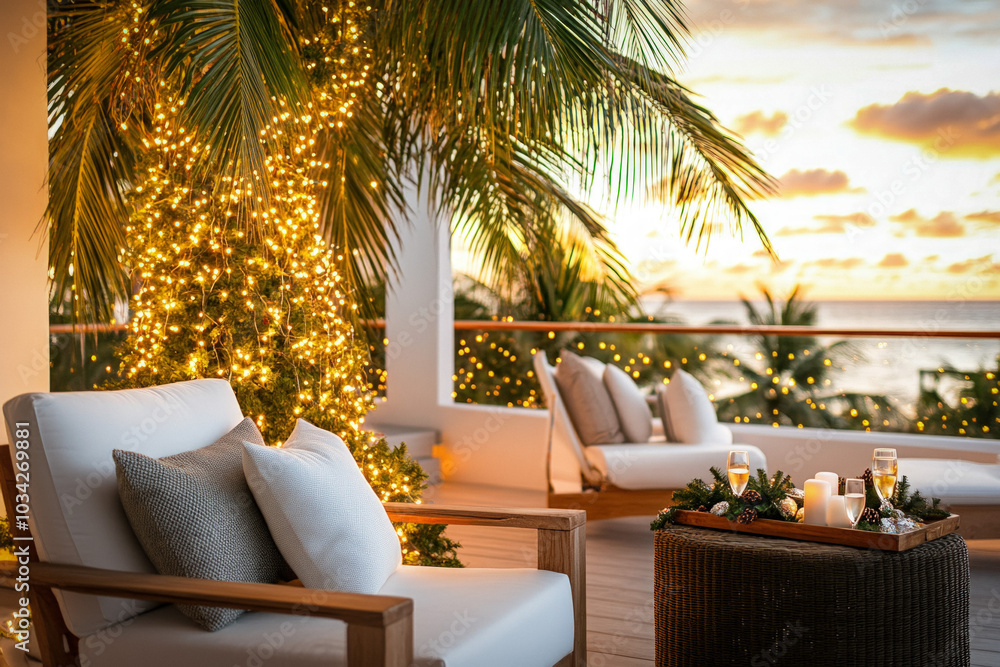 Fototapeta premium Cozy Outdoor Setting With A Palm Tree Wrapped In Lights, Lounge Chairs, And A Table Set For A Christmas Gathering, Highlighting A Tropical Holiday Atmosphere