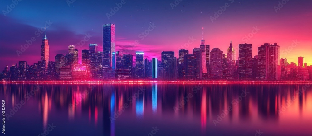 Cityscape with pink and blue neon lights at night with reflection in the water. Cityscape with pink and blue neon lights at night with reflection in the water.