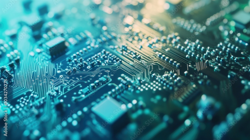 Close-Up of a Circuit Board with Intricate Traces and Components in a Blue-Green Hue Close-Up of a Circuit Board with Intricate Traces and Components in a Blue-Green Hue
