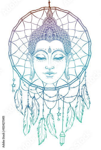 Buddha face over dreamcatcher round pattern. Esoteric vintage vector illustra...