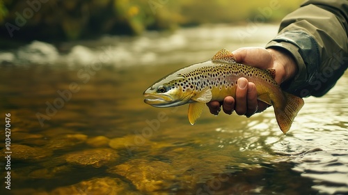 A fisherman holds a freshly caught brown trout over a rushing river.