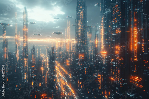 Futuristic City Skyline With Towering Skyscrapers, Neon Lights, And Flying Vehicles Against A Starry Night Sky, Creating A Dynamic Science Fiction Background