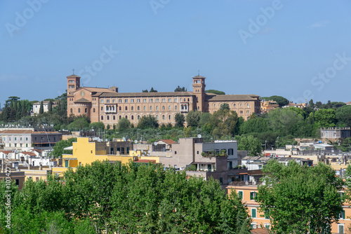 The Anselmianum, also known as the Pontifical Athenaeum of Saint Anselm on the Aventine Hill seen from Monte Testaccio, Rome, Italy