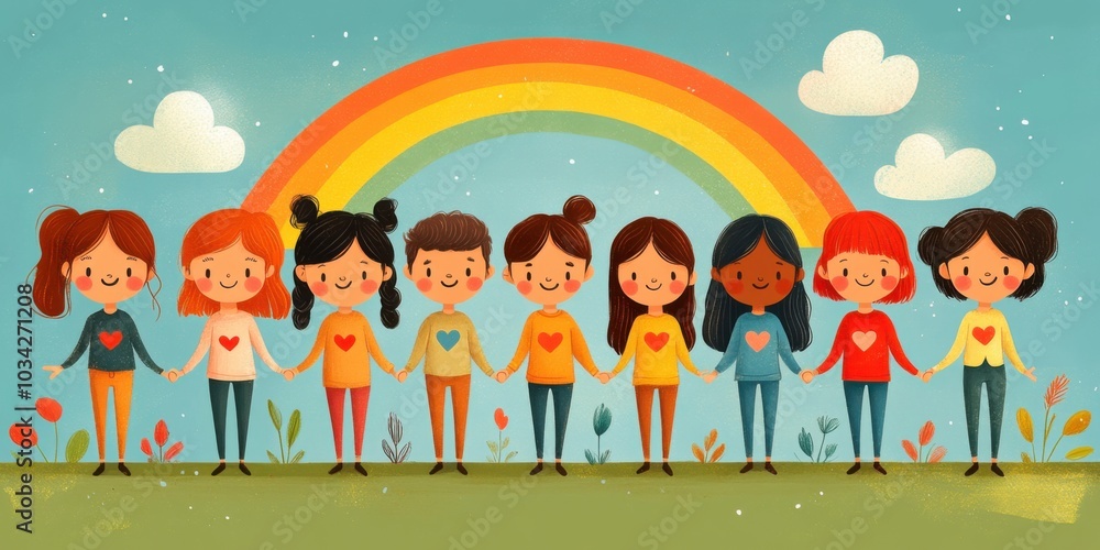 Fototapeta premium Diverse Group of Children Holding Hands Under a Vibrant Rainbow in a Whimsical Cartoon Setting