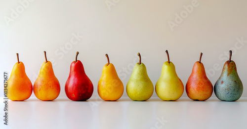 A row of differently colored pears on a white background. photo