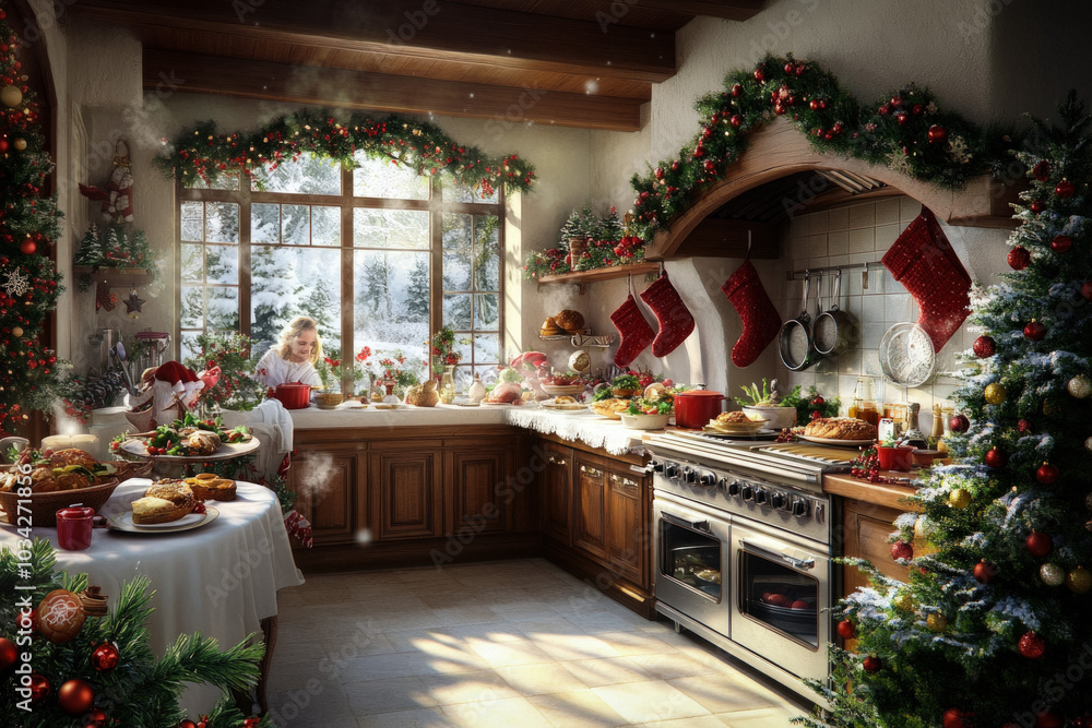 Fototapeta premium Inviting Wallpaper Showcasing A Cozy Kitchen Scene Where Family Members Are Joyfully Preparing Traditional Holiday Dishes, Surrounded By Colorful Ingredients And Christmas Decorations