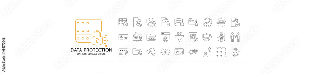 Data Protection icons. Set icon about data protection. Line icons related to data protection. Icon Set. Vector Illustration. Editable Stroke.