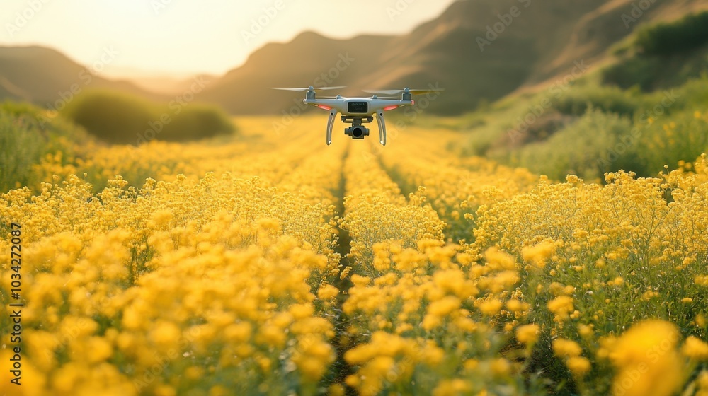 Drone Hovering Above Vibrant Yellow Field in Golden Hour Amid Scenic Valley Drone Hovering Above Vibrant Yellow Field in Golden Hour Amid Scenic Valley