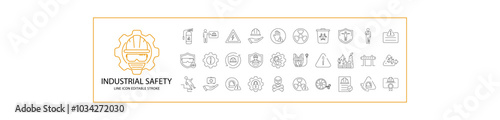 Industrial Safety Icons In Line Style. Containing  industrial, equipment, construction, helmet, protection, danger, work, etc. Icon Set. Vector Illustration. Editable Stroke.