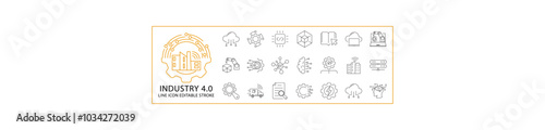 Industry 4.0 Icons In Line Style. Containing automation, technology, manufacturing, cyberspace, factory, innovation, etc. Icon Set. Vector Illustration. Editable Stroke.