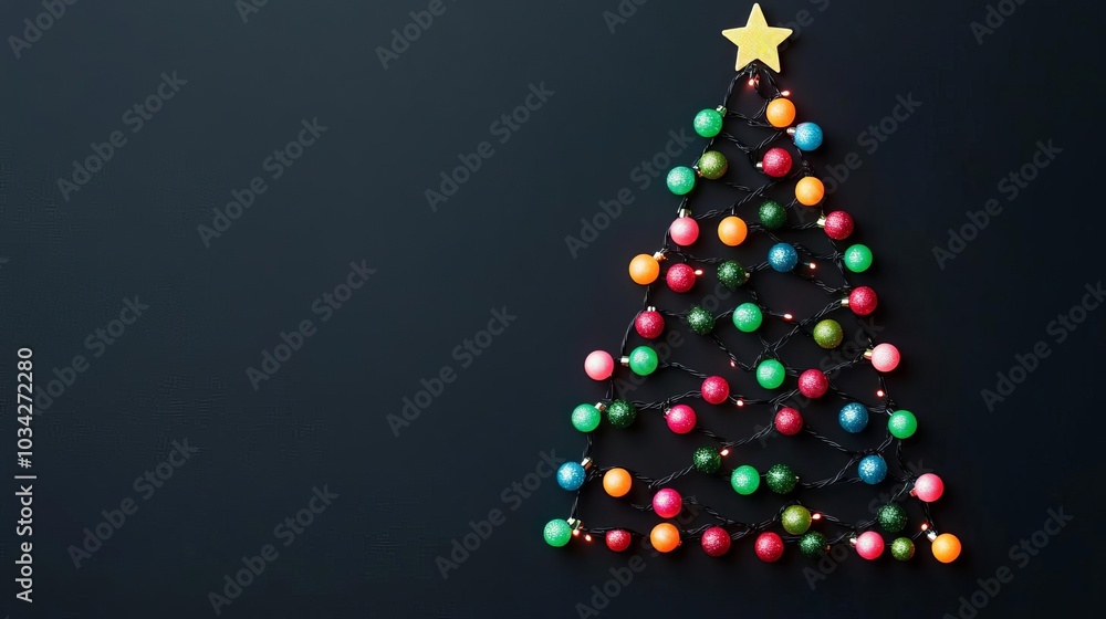 Abstract Christmas tree shape with vibrant sparkle lights, black background, bold and modern holiday design Abstract Christmas tree shape with vibrant sparkle lights, black background, bold and modern holiday design