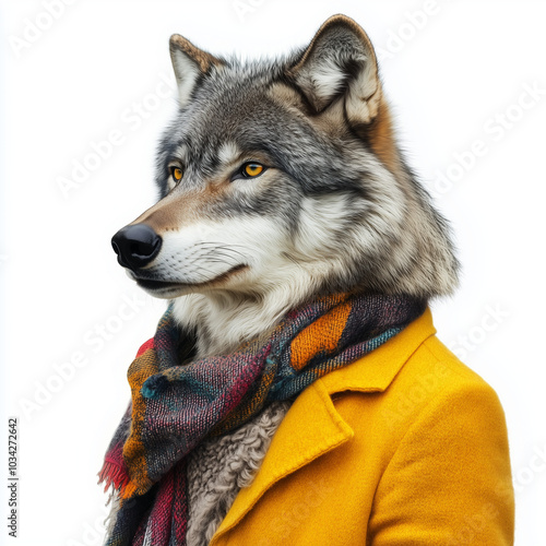 Stylish wolf in a yellow coat with a plaid scarf photo