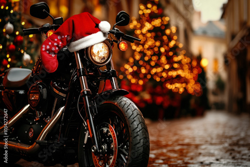 Motorcycle Parked Next To A Decorated Christmas Tree, With Leather Gloves Resting On The Seat And A Red Santa Hat Draped Over The Handlebars, Blending Biker Culture With Holiday Cheer
