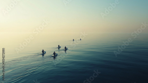 A group of surfers paddling towards the horizon, with the vast ocean stretching endlessly in front of them. The early morning sun casts soft light over the calm water, creating a peaceful. photo