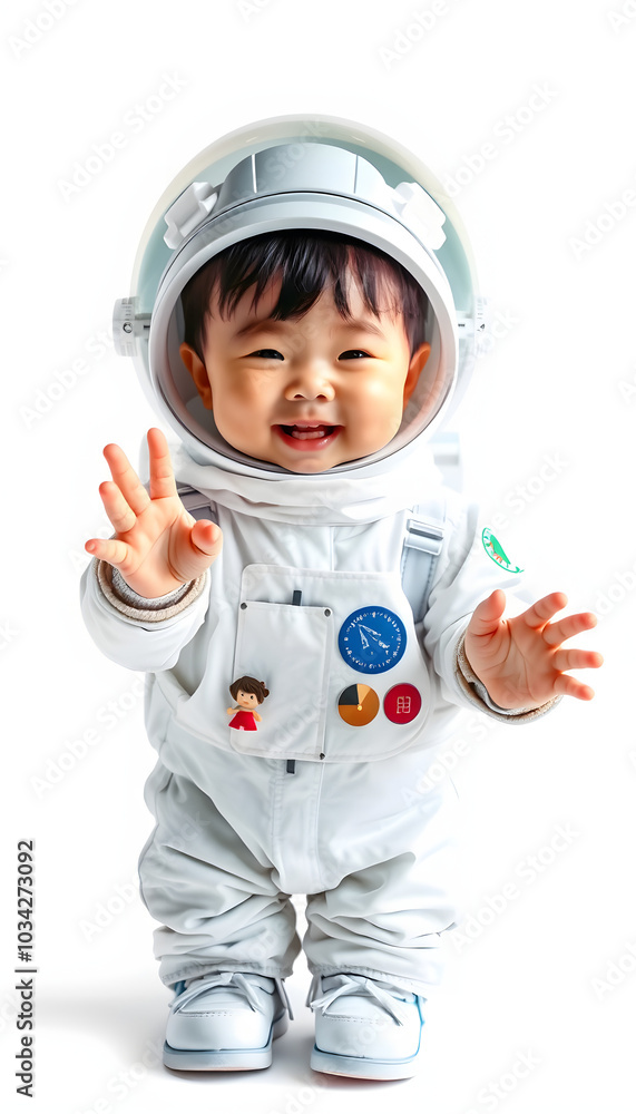 Happy child dressed in an astronaut costume playing with hand ma isolated with white highlights, png Happy child dressed in an astronaut costume playing with hand ma isolated with white highlights, png
